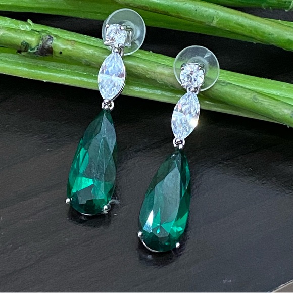 Signed Teardrop Lab Emerald Silvertone Drop Earrings - Picture 5 of 13